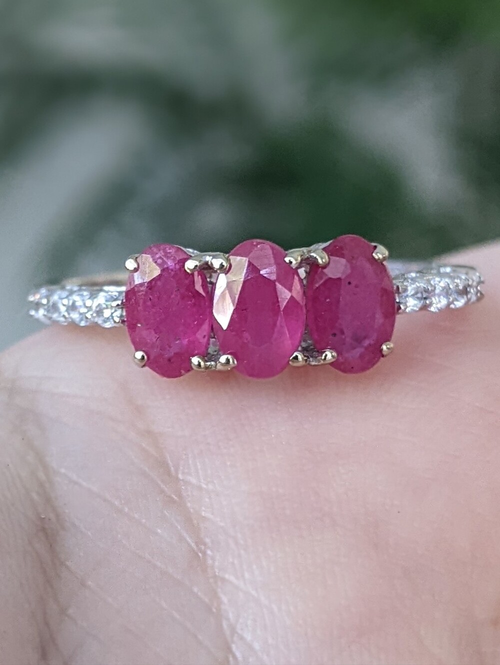 10K White Gold Ruby Trilogy Ring With White Topaz